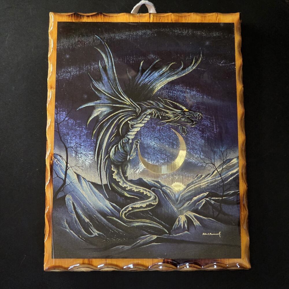 "The Moon Dragon" 6"x9" Dufex Foil Print On Wood Vintage Framing Fantasy